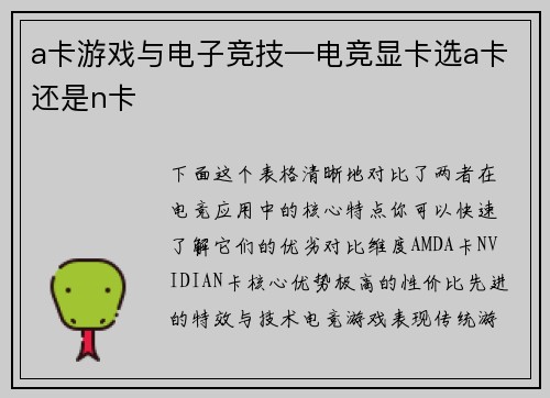 a卡游戏与电子竞技—电竞显卡选a卡还是n卡